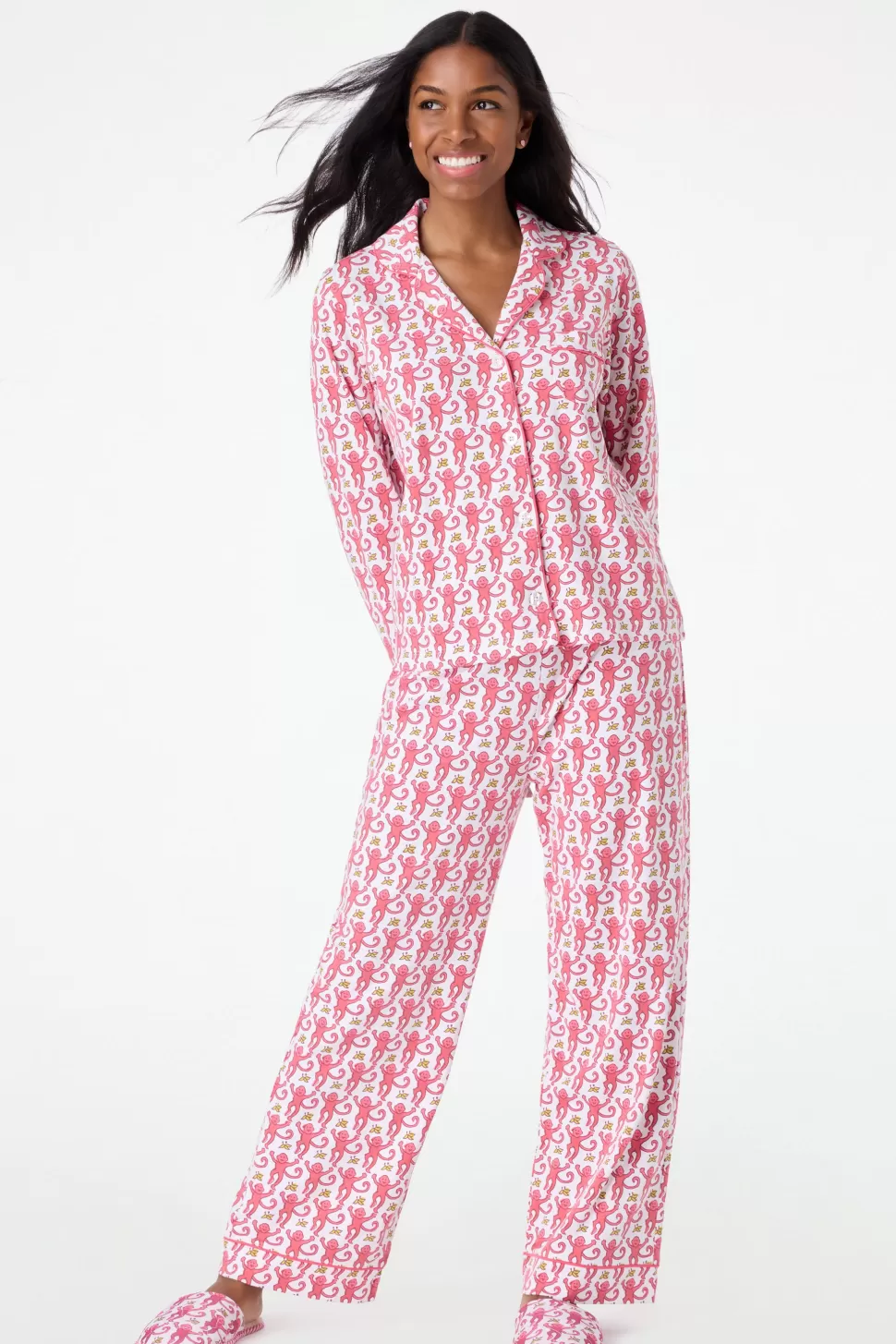 Roller Rabbit Monkey Long Sleeve Polo Pajamas Pink Hot