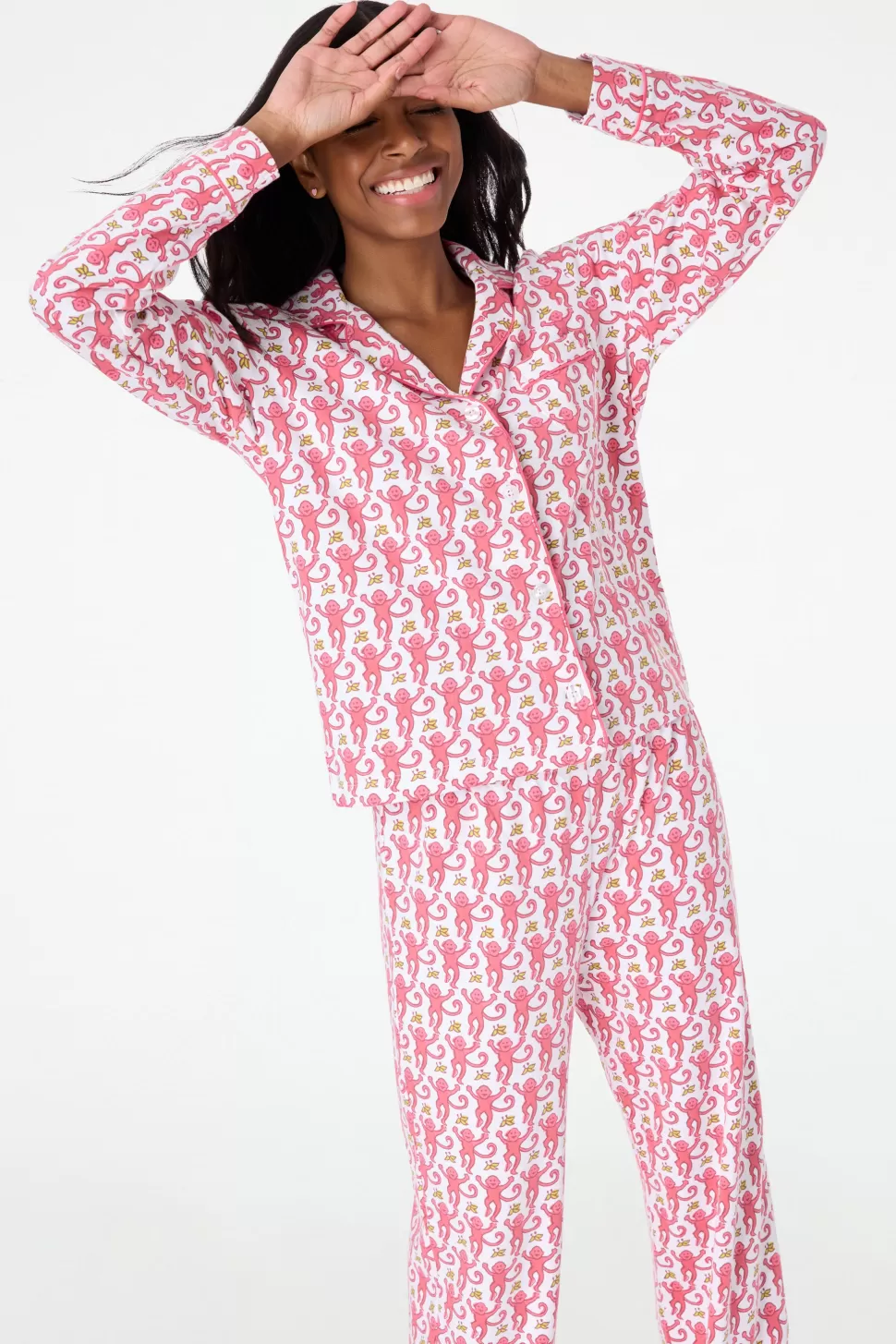 Roller Rabbit Monkey Long Sleeve Polo Pajamas Pink Hot